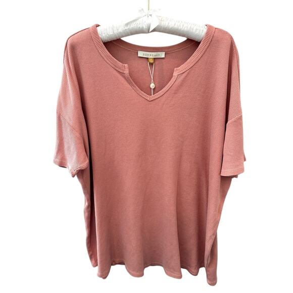 DOWNEAST Pink Waffle Knit Notch Neck Tee Cotton Blend Short Sleeve Top NWT | XL - Picture 1 of 8